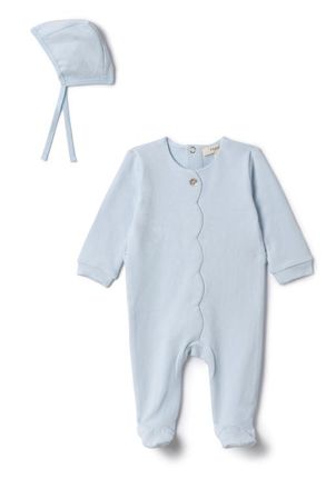 Fragile Boy Cotton Scallop Romper with Bonnet in Baby Blue at Nordstrom, Size 3M