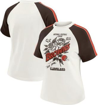 WEAR by Erin Andrews Womens WEAR by Erin Andrews White Cleveland Browns Sleeve Stripe Distressed Raglan T-Shirt at Nordstrom, Size X-Large