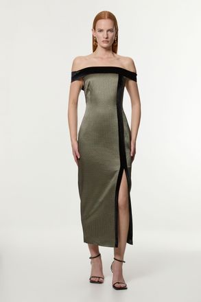 Karen Millen Womens Geo Jacquard Velvet Mix Tailored Bardot Midi Dress - Multicolour - Size 10 UK