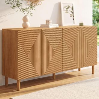IDMarket Aparador Himara 160 Cm, 4 Puertas, Listones Geom&eacute;tricos De Madera Clara