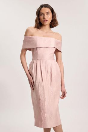 Karen Millen Womens Petite Textured Tailored Twill Bandeau Midi Dress - Light Pink Viscose - Size 16 UK