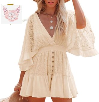 Generic Womens Batwing Sleeve Backless Romper Dress, Lace Crochet Mini Ruffle Jumpsuits Skirt Womens Lace V Neck Mini Dresses (Apricot,M)