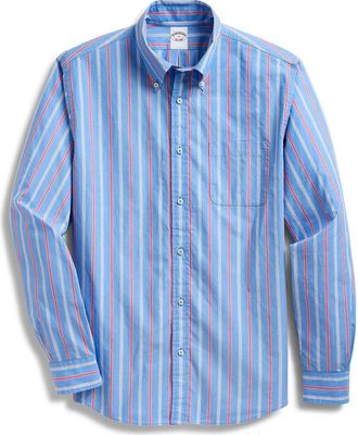 Brooks Brothers Friday Regular Fit Stripe Cotton Poplin Button-Down Shirt in Palace Blue Cardinal Stripe at Nordstrom, Size Xx-Large