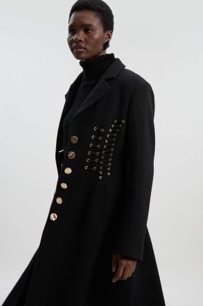 Karen Millen Womens Wool Polished Whip Stitch Tailored Midi Coat - Black - Size 10 UK