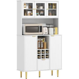 HOMCOM Alacena De Cocina Con 3 Puertas De Vidrio Botellero Caj&oacute;n Estantes Ajustables Y Compartimentos Abiertos 100x40x180 Cm Blanco - Homcom