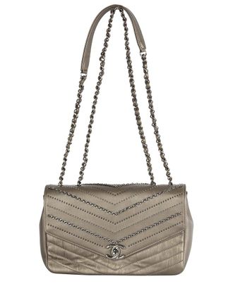 Chanel Metallic Leather Embellished Chain Sequins Chevron Flap Bag - 10S, Never Carried (Authentic Pre-Loved)