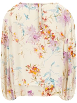 Herno Delicate Floral Print Blouse with Puff Sleeves and Keyhole Detail