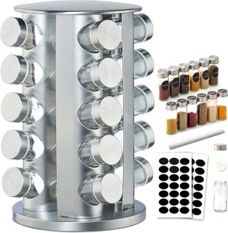 OEM Estante Para Especias, Estantes Giratorios De 360&deg;, Carrusel De Acero Inoxidable 430, Estante Para Almacenar Especias, 20 Frascos De Vidrio Con Tapas,