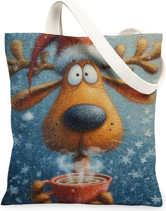 Generic Funny Christmas Animal Canvas Tote Bags, Reusable Holiday Grocery Bags, Lightweight Washable Shoulder Strap Canvas for Trav, Blue, 13x15 Inch