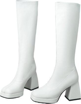 Generic Womens Knee-High Boots In Synthetic Leather With Chunky Block Heels Platform Sole Round Closed Toe Stretch Shaft Soft Inner Lining Durable Non-Slip Ou