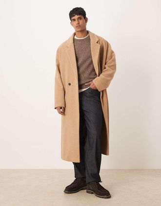 Asos Cappotto taglio lungo oversize beige in misto lana-Neutro
