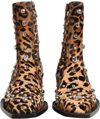 Dolce & Gabbana Brown Leopard Embellished Mid Calf Men Boots Shoes Leather