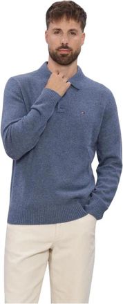 Tommy Hilfiger Lambswool LS Polo - Heren - Ronde hals truien - Blauw - 2XL - Wol - Truien & Vesten