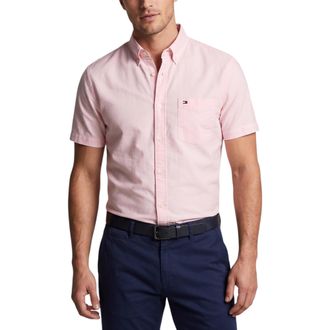 Tommy Hilfiger Mens Shirt Oxford Lightweight Short Sleeve Regular Fit Summer Top - Pink Cotton - Size Large