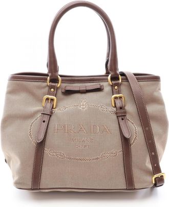 Prada Beige Brown Canvas Leather Handbag Tote Bag (Pre-Owned)