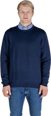 Aquascutum Merino Club Check Elleboog Patch Sweater - Heren - Ronde hals truien - Blauw - M - Wol - Truien & Vesten