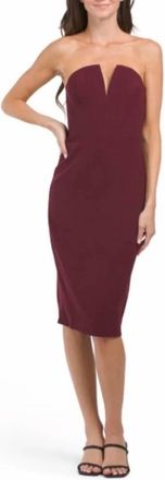 Dress The Population Perla Strapless Cocktail Midi Dress In Burgundy