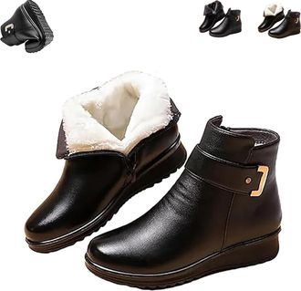 Generic Womens Metal Buckle Leather Wool Orthopedic Boots - Waterproof Winter Snow Boots with Side Zipper & Non-Slip Sole Orthopedic Ankle Boots for Women (Bl