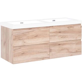 Beliani Mueble De Pared Para Ba&ntilde;o Con Doble Lavabo De Mdf Aspecto Madera 4 Cajones 120 X 46 Cm Marr&oacute;n Claro Ranco