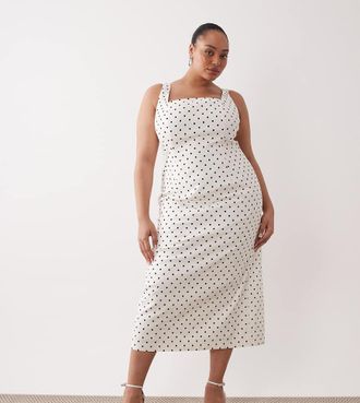 Forever New Vestito midi in misto lino elasticizzato a pois-Nero