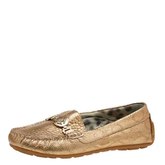 Roberto Cavalli Metallic Gold Iridescent Effect Leather Embellished Slip On Loafers
