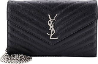 Saint Laurent Black Matelasse Chevron Leather Classic Monogram Wallet On Chain Medium (Authentic Pre-Loved)