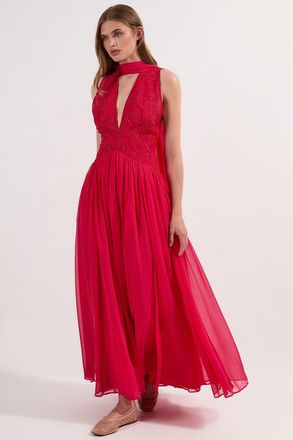 Karen Millen Womens Embroidered Applique Crinkle Deep V Woven Midi Prom Dress - Fuchsia - Size 14 UK