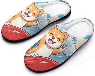 Generic Surfing Shiba Inu Dog Womens Slippers Warm House Slippers Indoor House Shoes with Anti-Skid Rubber Sole