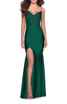 La Femme Form Fitting Jersey Prom Dress with Draped Neckline in Emerald at Nordstrom, Size 10