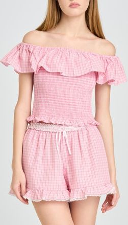Wayf Delilah Shirred Off the Shoulder Top in Pink at Nordstrom, Size X-Small