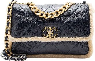 Chanel Beige Shiny Crumpled Calfskin & Shearling 19 Medium Flap Shoulder Bag (Authentic Pre-Loved)