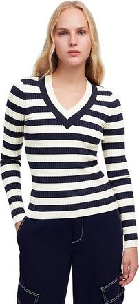 Madewell Stripe V-Neck Arden Merino Stretch Womens Sweater Navy Stripe : LG (Womens 10-12), Cotton/Denim