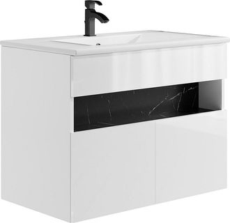 Vente-Unique Mueble de baño flotante con luces LED y lavabo empotrable - Blanco y negro efecto mármol - Ancho 80 cm - POZEGA