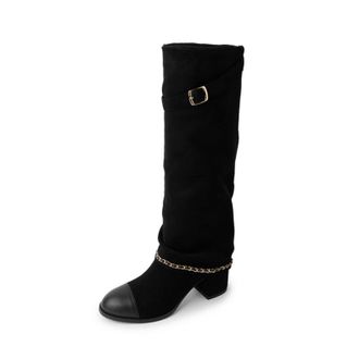 Generic Womens Pull on Casual Boots with Chain Round Toe Knee High Boots Block High Heel Long Boot with Buckle,Black,4.5 UK
