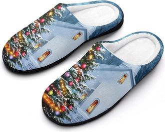 Generic Christmas Tree with Church Cotton Slipper for Women Indoor Outdoor House Shoes Anti-Skid Slippers with Rubber Sole