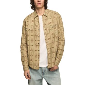 Lucky Brand Geo Pattern Slub Cotton Snap-Up Western Shirt in Khaki Multi at Nordstrom, Size X-Large