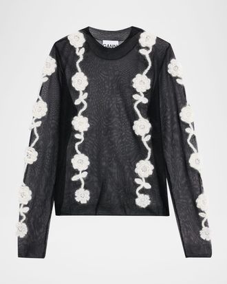 Ganni Sheer Floral Crochet Top
