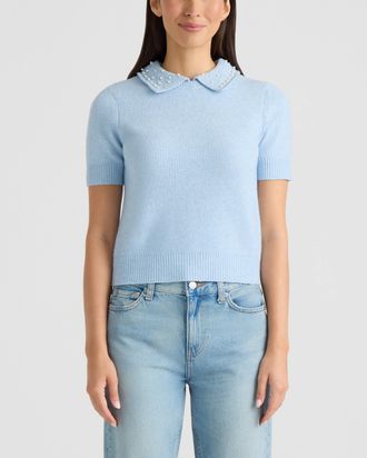 Ellen Tracy Womens Short Sleeve Sweater with Pearled Collar