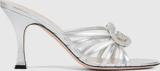 Gucci Womens Slide Sandal With Crystal Interlocking G, Silver, Leather