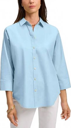 Foxcroft Margie Three Quarter Sleeve Pinpoint Oxford Shirt In Soft Aqua