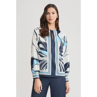 Ming Wang Floral Abstract Crepe de Chine Blouse in Indigo/white/serene at Nordstrom, Size Xx-Small