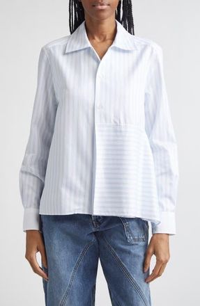J.W.Anderson Asymmetric Draped Stripe Poplin Button-Up Shirt in White/Blue at Nordstrom, Size 0 Us