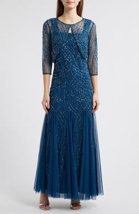 Pisarro Nights Beaded Gown with Long Sleeve Jacket in Petrol Blue at Nordstrom Rack, Size 12