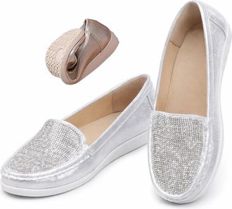 Generic Womens Comfortable Soft Flat Loafers, Rhinestone Womens Sparkly Orthopedic Loafers Wide Width Shoes Dressy Low Heel (Silver,7.5)