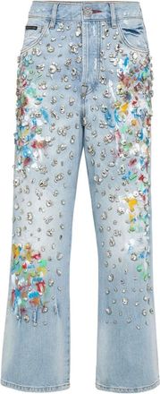 Philipp Plein Denim Broek High Rise Fit Crystal - Dames - Cropped Jeans - Blauw - W27 - Denim - Jeans