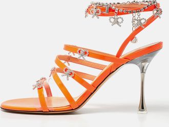 Mach & Mach Neon Orange Patent Leather Crystal Bow Camille Sandals