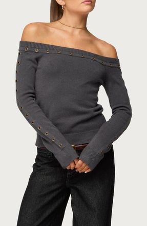 Edikted Morgen Grommet Embellished Off the Shoulder Sweater in Dark-Gray at Nordstrom, Size X-Large