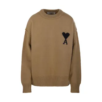 Ami Round-neck Knitwear, female, Brown, Size: XL Felted Merino Round Neck Sweater