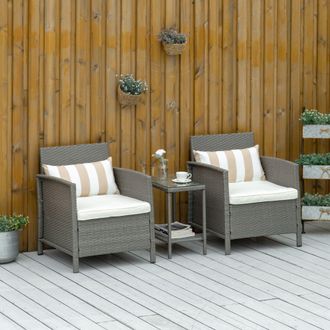 OUTSUNNY 3 PC Outdoor Rattan Sofa Set w/ Chairs Coffee Table Cushion in Light Grey