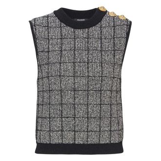 Balmain Sleeveless Tops, female, Black, Size: XS Tweed Crop Top with Buttons